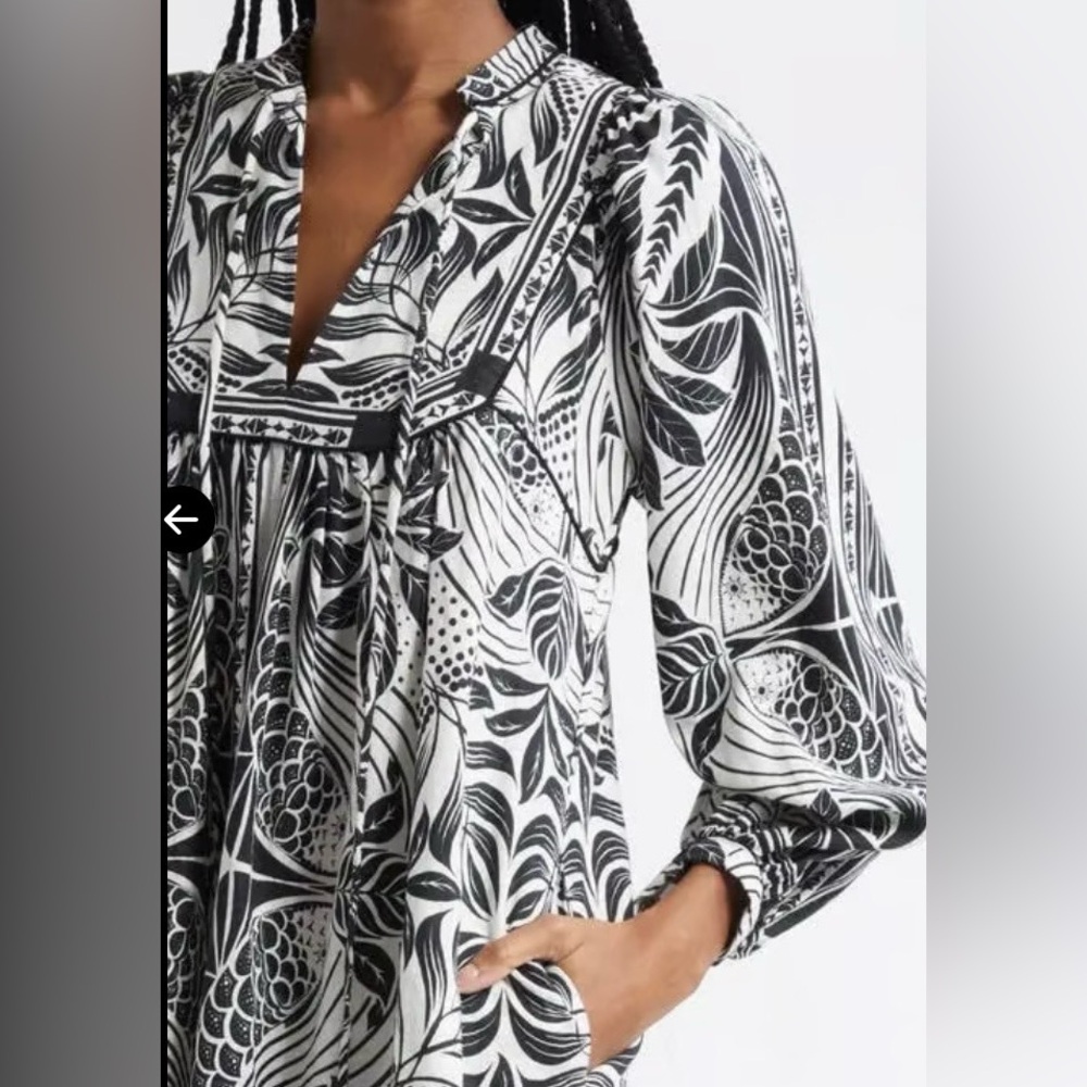 FARM Rio Monochrome elegance scarf print long sleeve linen blend mini dress